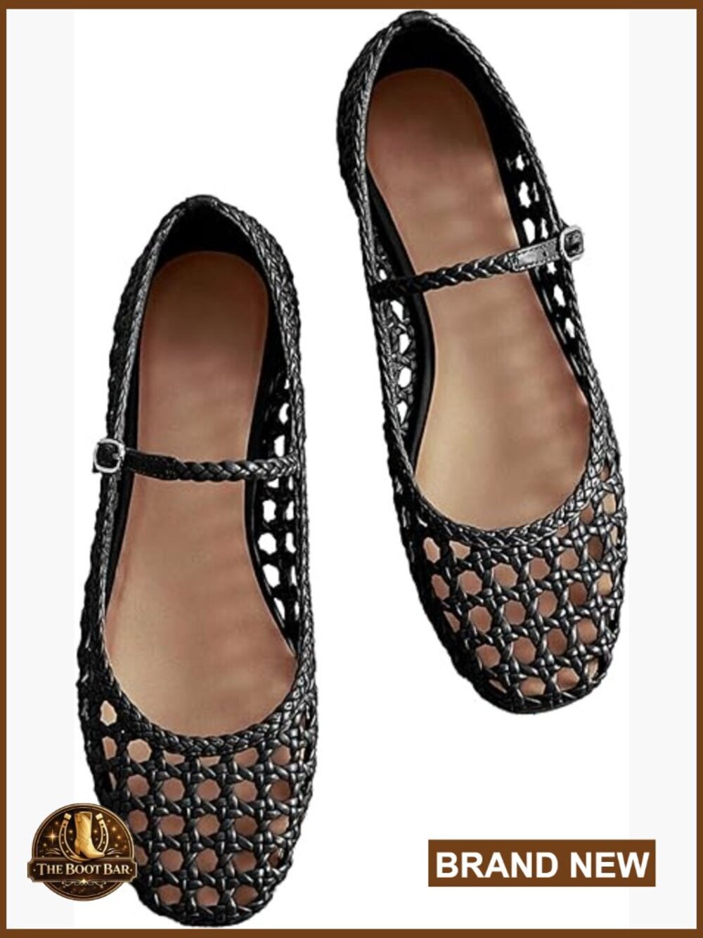 Women's Square Toe Mary Jane Flats with Buckle Strap, Woven Mesh Ballet Shoes